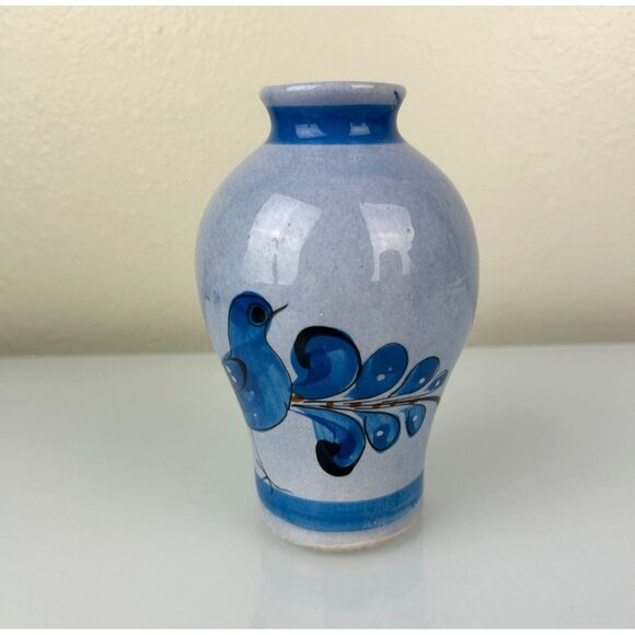 Tonala Made in Mexico Blue Bird Pottery Vase Home Decor Hand Painted 6.25" - Picture 2 of 14